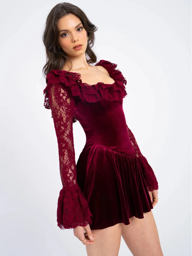 Milena Burgundy Lace-up Square Collar Backless Dress