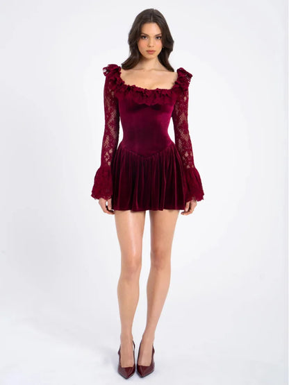 Milena Burgundy Lace-up Square Collar Backless Dress