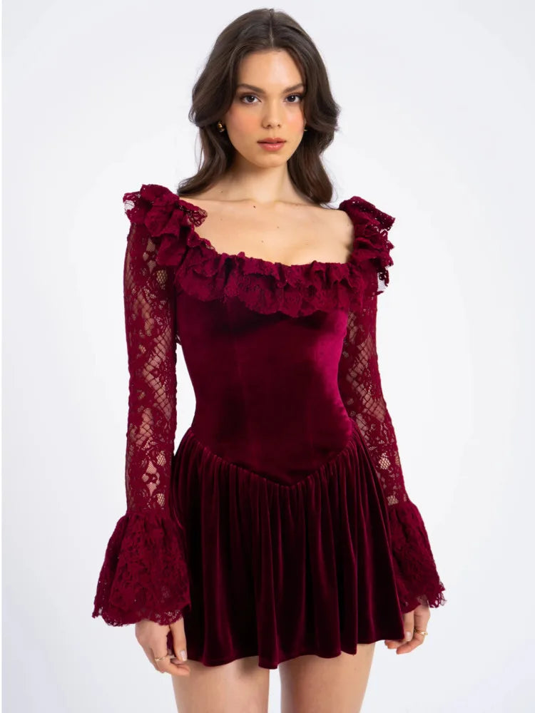 Milena Burgundy Lace-up Square Collar Backless Dress