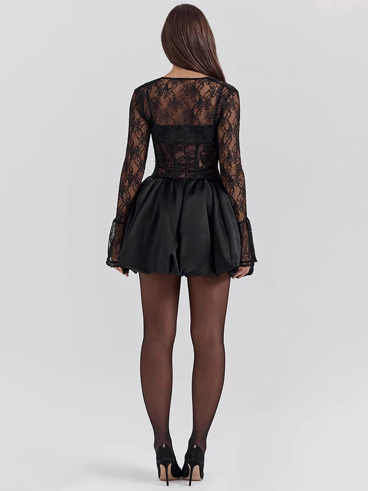 Annailisa Black Lace Puffball Mini Dress